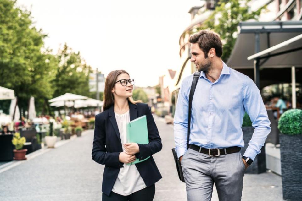 Two people on a walking meeting